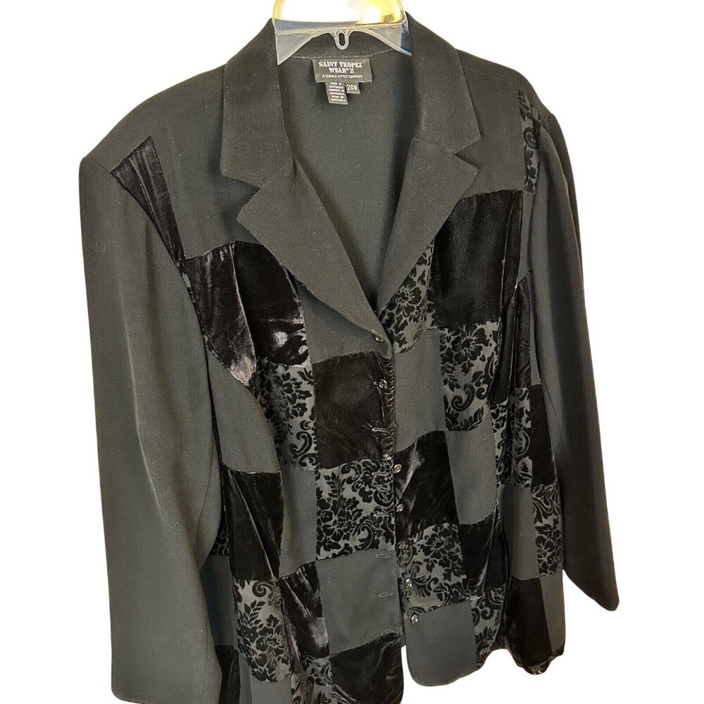 Vintage St Tropez Black Button Up Jacket Velvet Patchwork 24W 3X Eveningwear